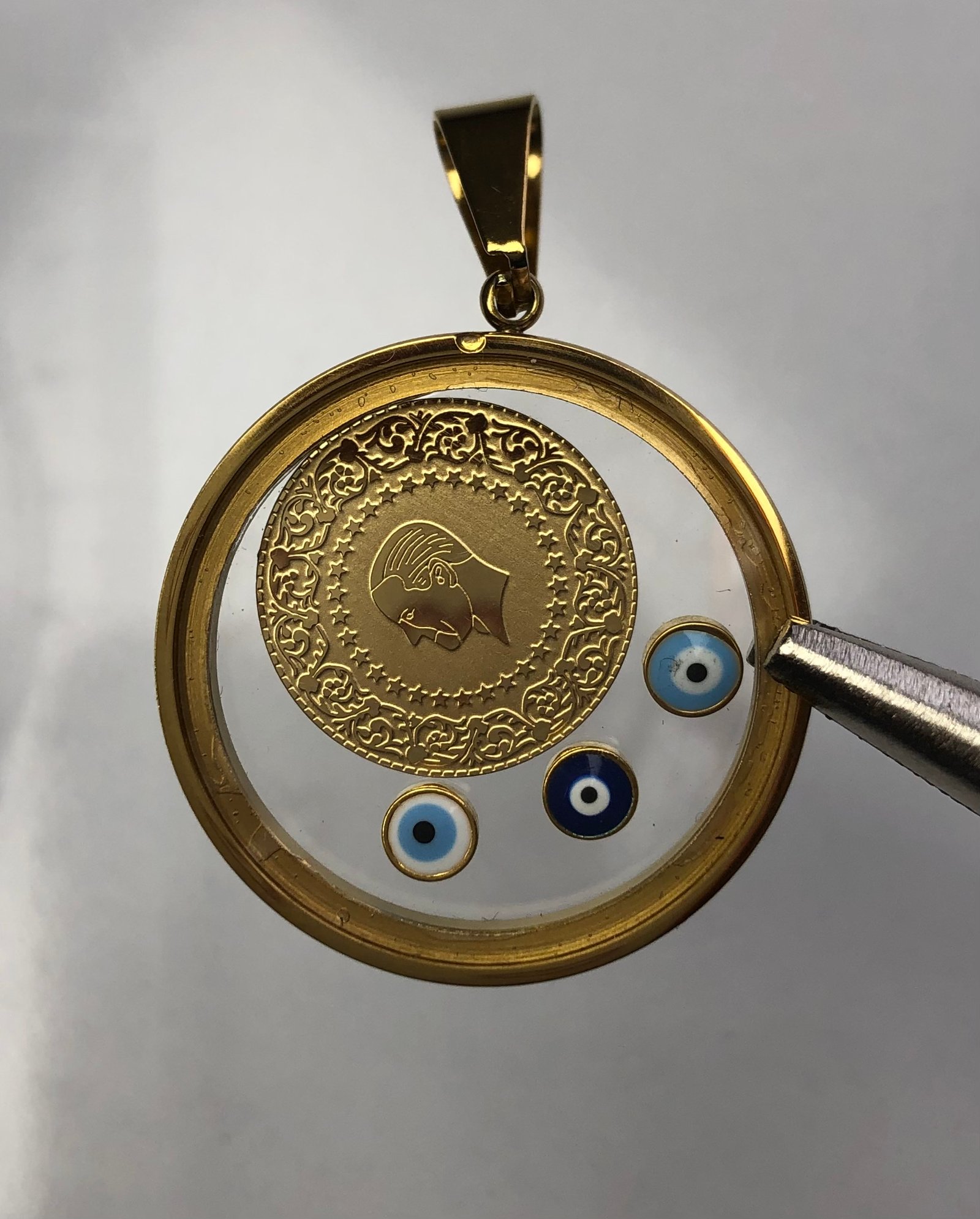 Çeyrekli üç nazar boncuk gold kolye charm